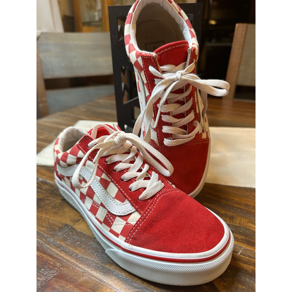 Vans Old Skool Red White Checkerboard Suede Canvas Low Top Skate Shoe M 4 W 5.5